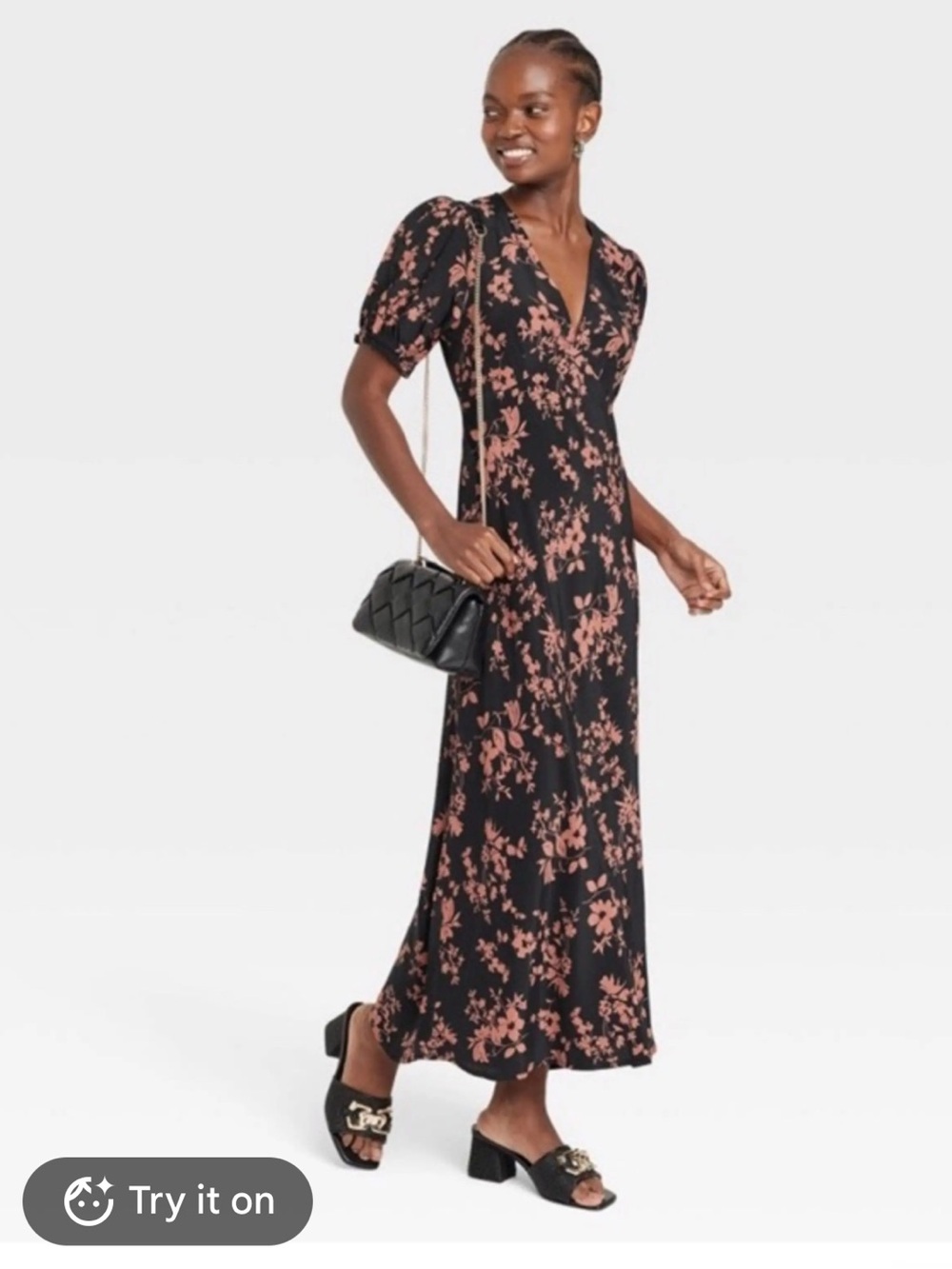a new day Black Midi Dress with Rose Floral Print